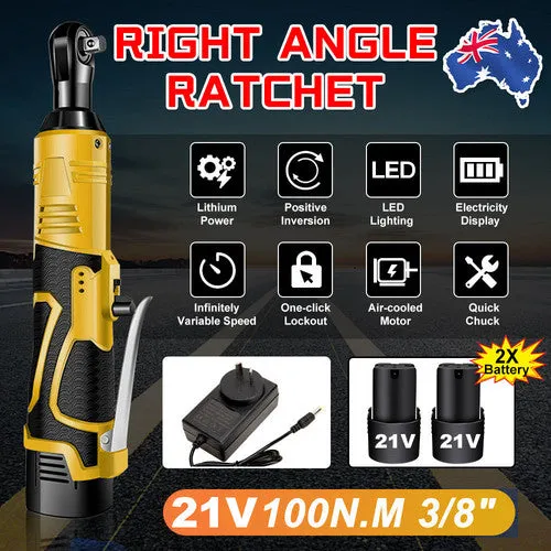 21V 3/8'' 100N.m Electric Right Angle Ratchet Wrench Charger  2 Battery