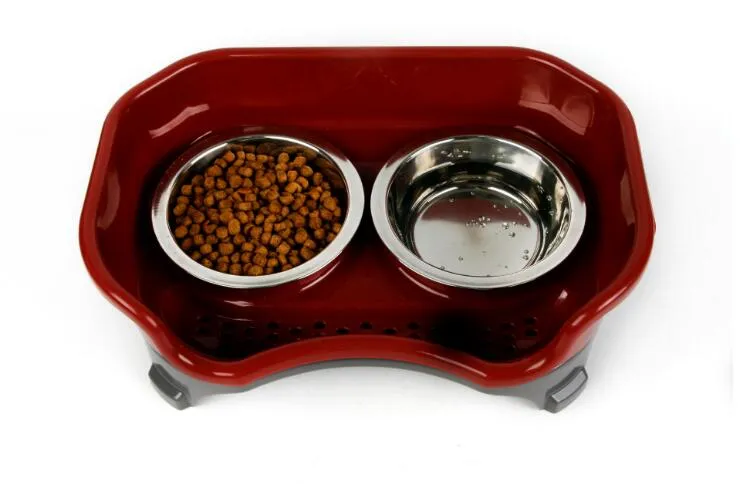 Anti-Skid Stainless Steel & Plastic Pet Food Bowl - Leak-Proof, Food-Saving & Hygienic Double Bowl Design