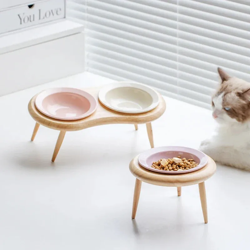 Elevated Double Ceramic Pet Bowls with Wooden Stand