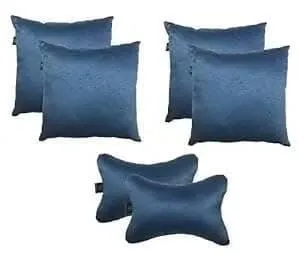 "Lushomes Blue Car Pillow and Cushion Set (6 Pieces: 4 Cushions 12x12 Inches & 2 Neck Rest Pillows 6x10 Inches)"