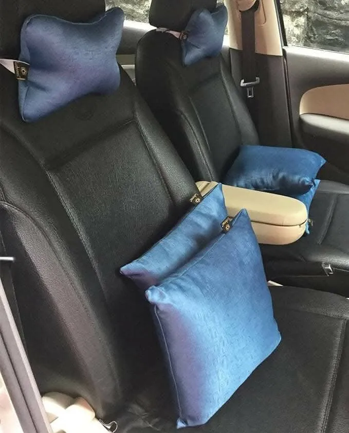 "Lushomes Blue Car Pillow and Cushion Set (6 Pieces: 4 Cushions 12x12 Inches & 2 Neck Rest Pillows 6x10 Inches)"