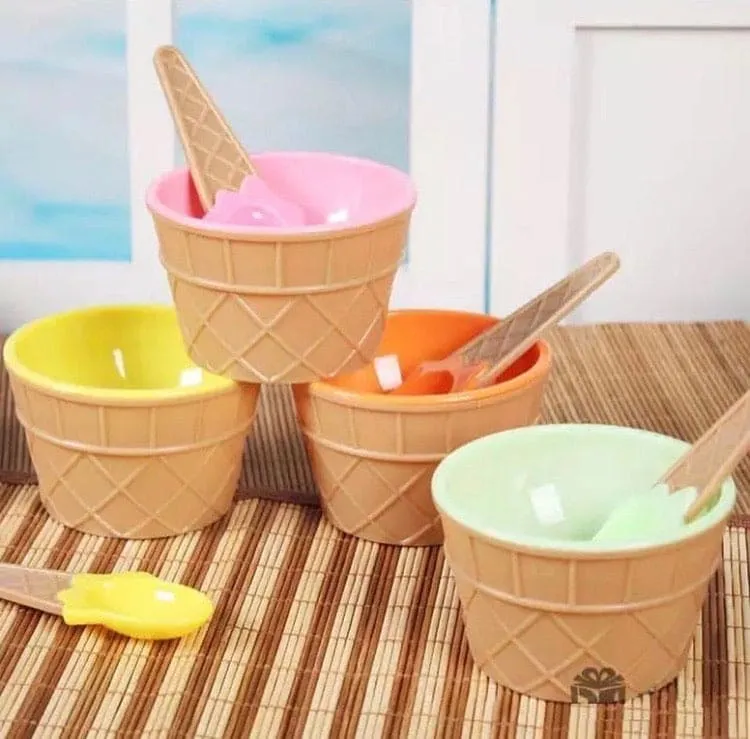 Set of 3 Cream Cups Set With Spoon, Daily Merchandise Plastic Bowl, DIY Ice Cone Dessert Bowl, Tableware Reusable Bowls Spoons Set