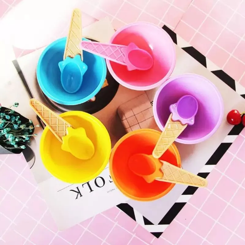 Set of 3 Cream Cups Set With Spoon, Daily Merchandise Plastic Bowl, DIY Ice Cone Dessert Bowl, Tableware Reusable Bowls Spoons Set