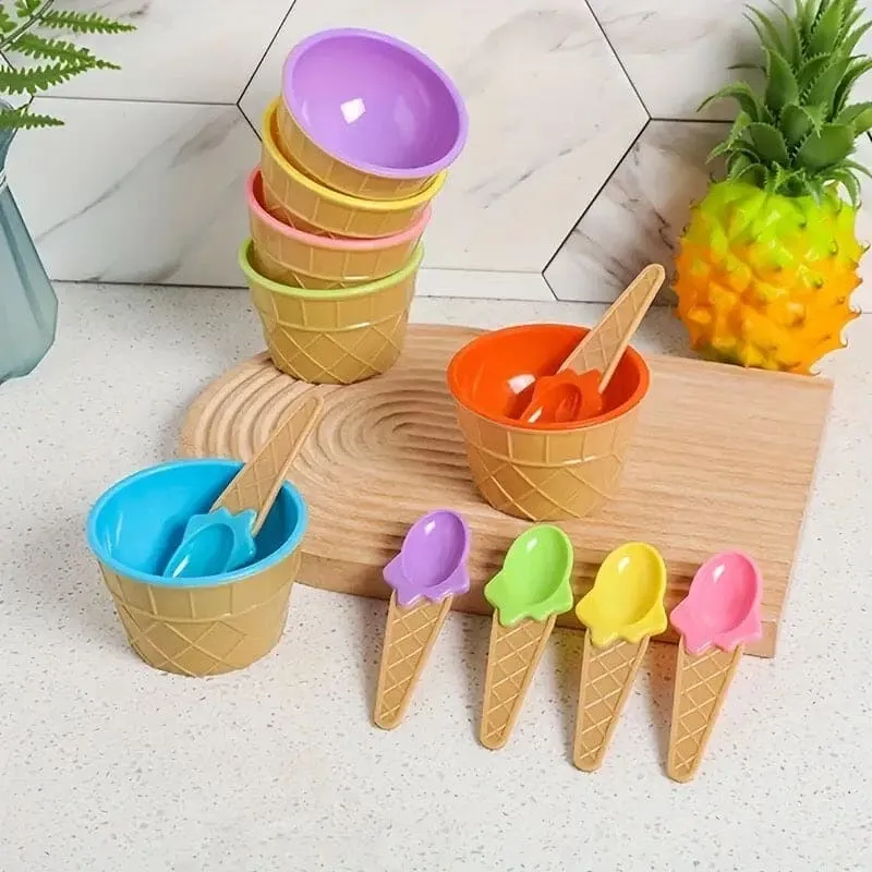 Set of 3 Cream Cups Set With Spoon, Daily Merchandise Plastic Bowl, DIY Ice Cone Dessert Bowl, Tableware Reusable Bowls Spoons Set