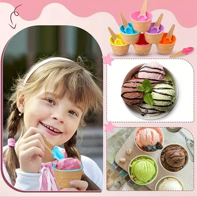 Set of 3 Cream Cups Set With Spoon, Daily Merchandise Plastic Bowl, DIY Ice Cone Dessert Bowl, Tableware Reusable Bowls Spoons Set