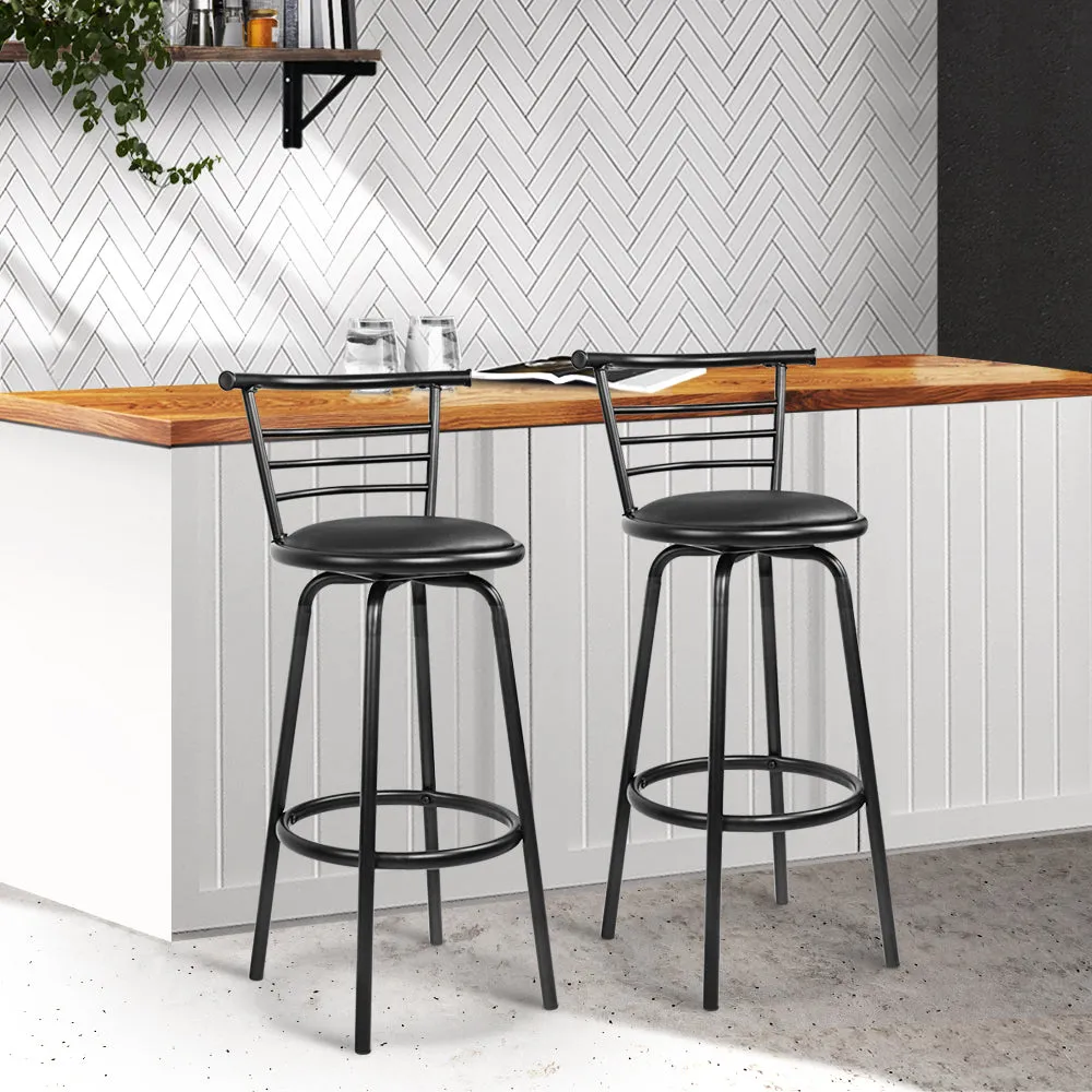 Two Bar Stools Swivel Leather Padded Metal