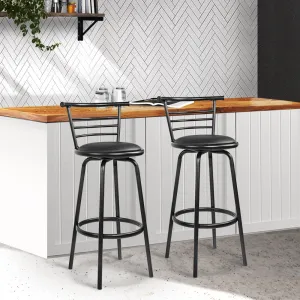 Two Bar Stools Swivel Leather Padded Metal