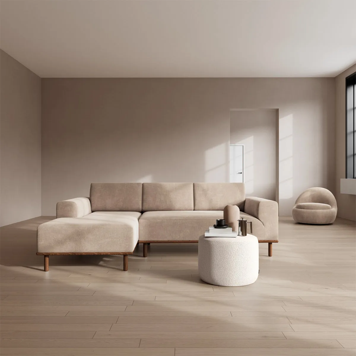 Vilmar Fabric Left Chaise Sofa (Walnut Natural, Danny Cream)