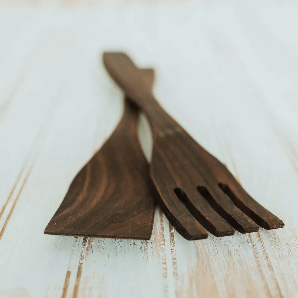 Wooden Salad Servers, 12", Fork and Paddle Utensils
