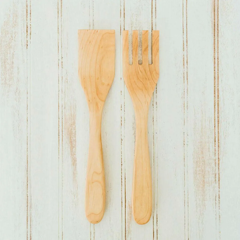 Wooden Salad Servers, 12", Fork and Paddle Utensils