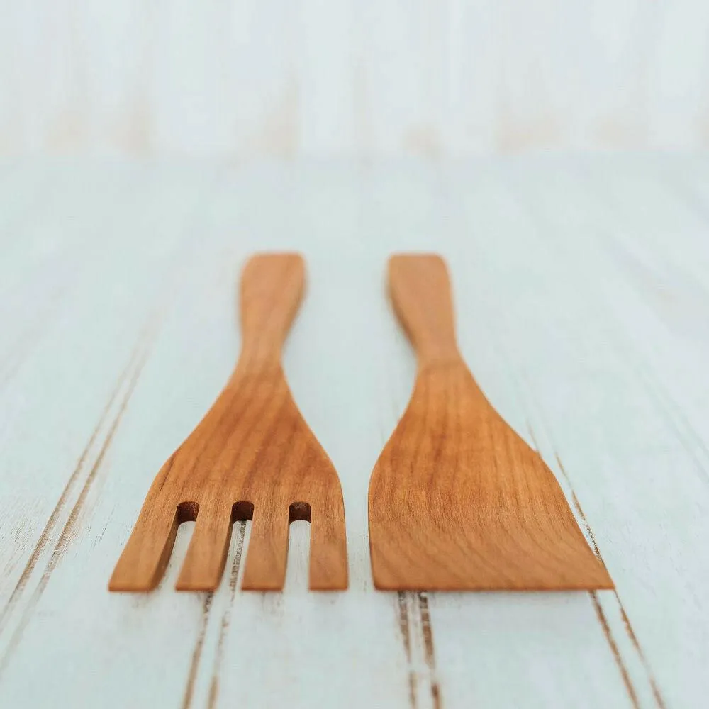 Wooden Salad Servers, 12", Fork and Paddle Utensils